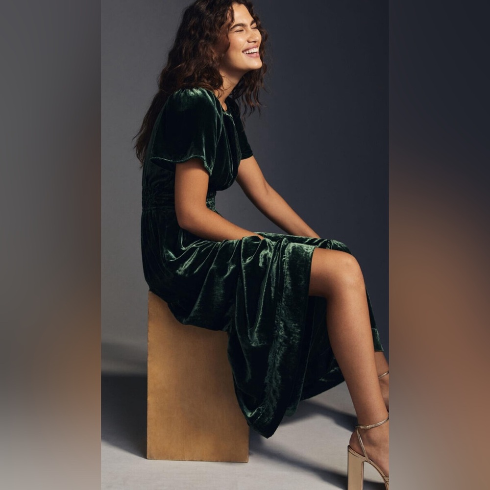 Anthropologie somerset emerald green velvet maxi dress